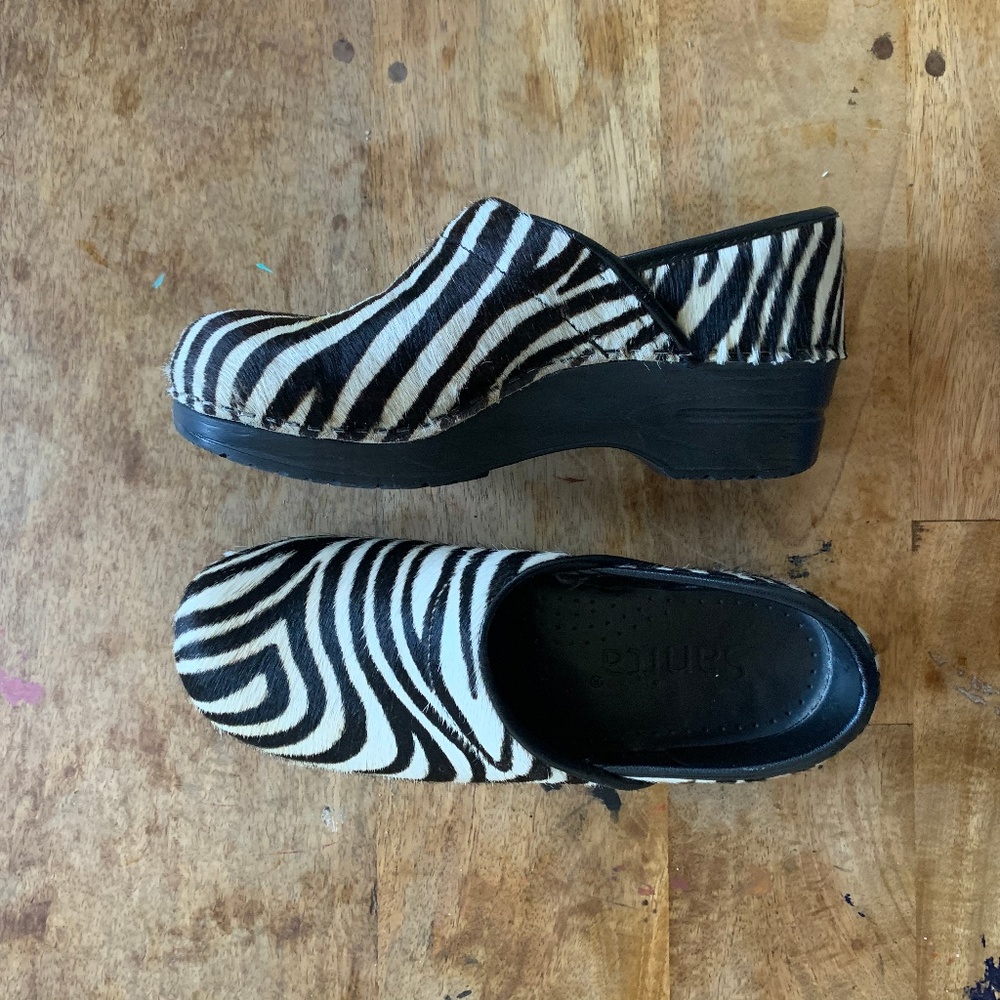Sanita pony hair zebra clogs
